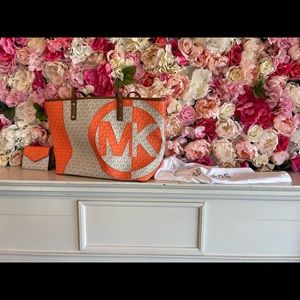 Orange white brown Michale Kors purse with matching wallet